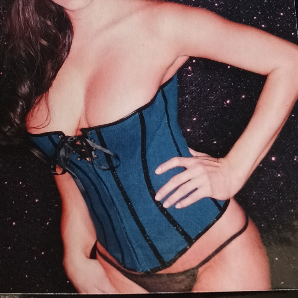 Denim corset black patent piping lace-up back M